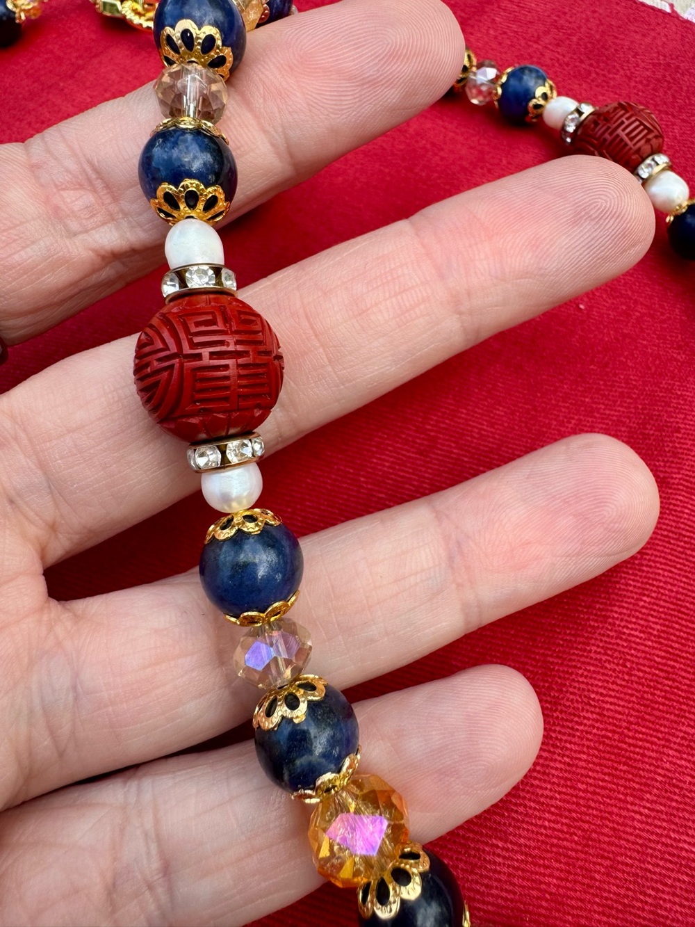 Artisan Cinnabar & Cloisonné Horse with Sodalite & Crackle Glass Beaded Set 🧁 - Picture 5 of 11